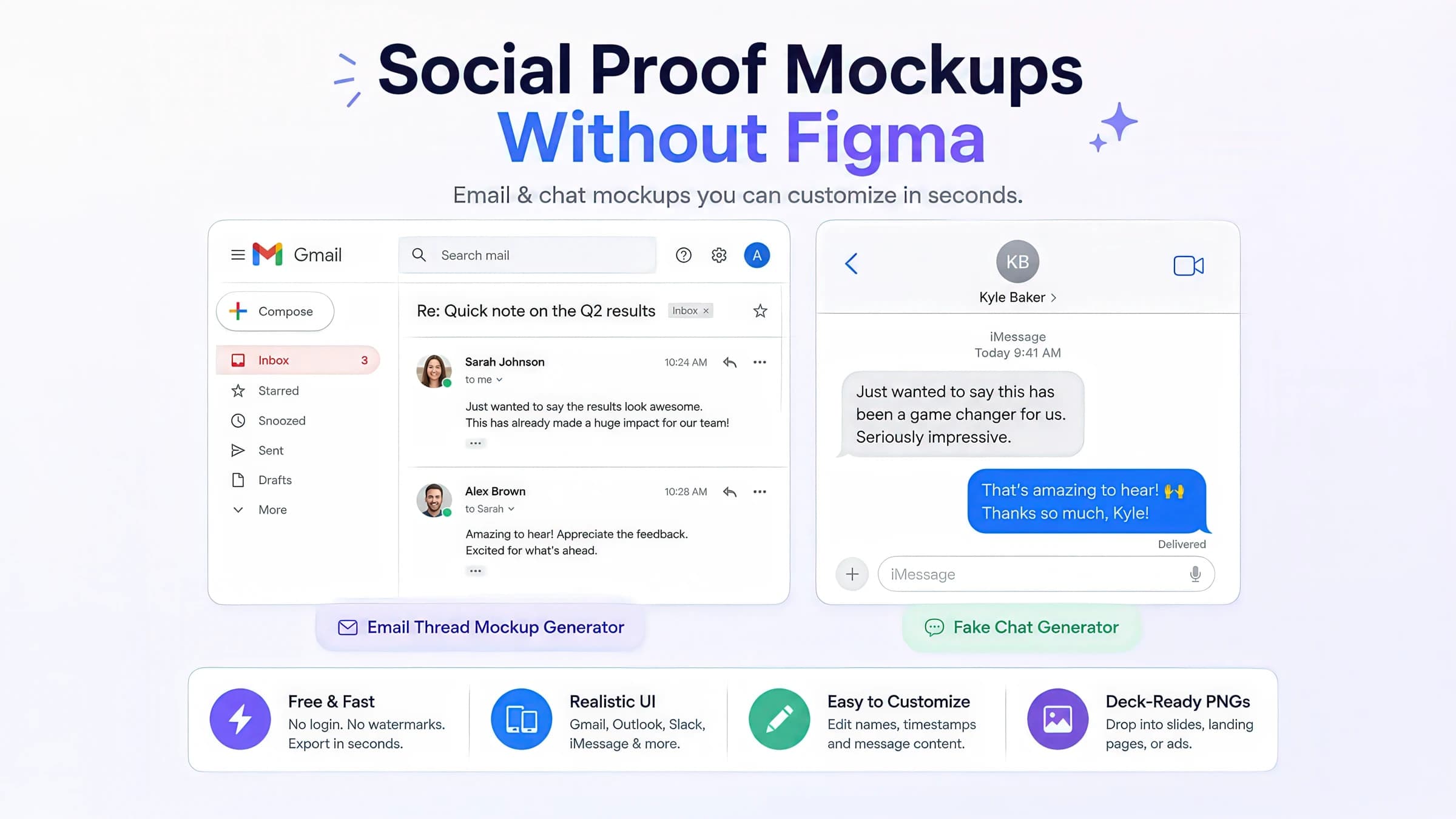 Marketing deck slide showing a Gmail email thread mockup beside an iMessage chat screenshot — social proof built with free AdSights generators.