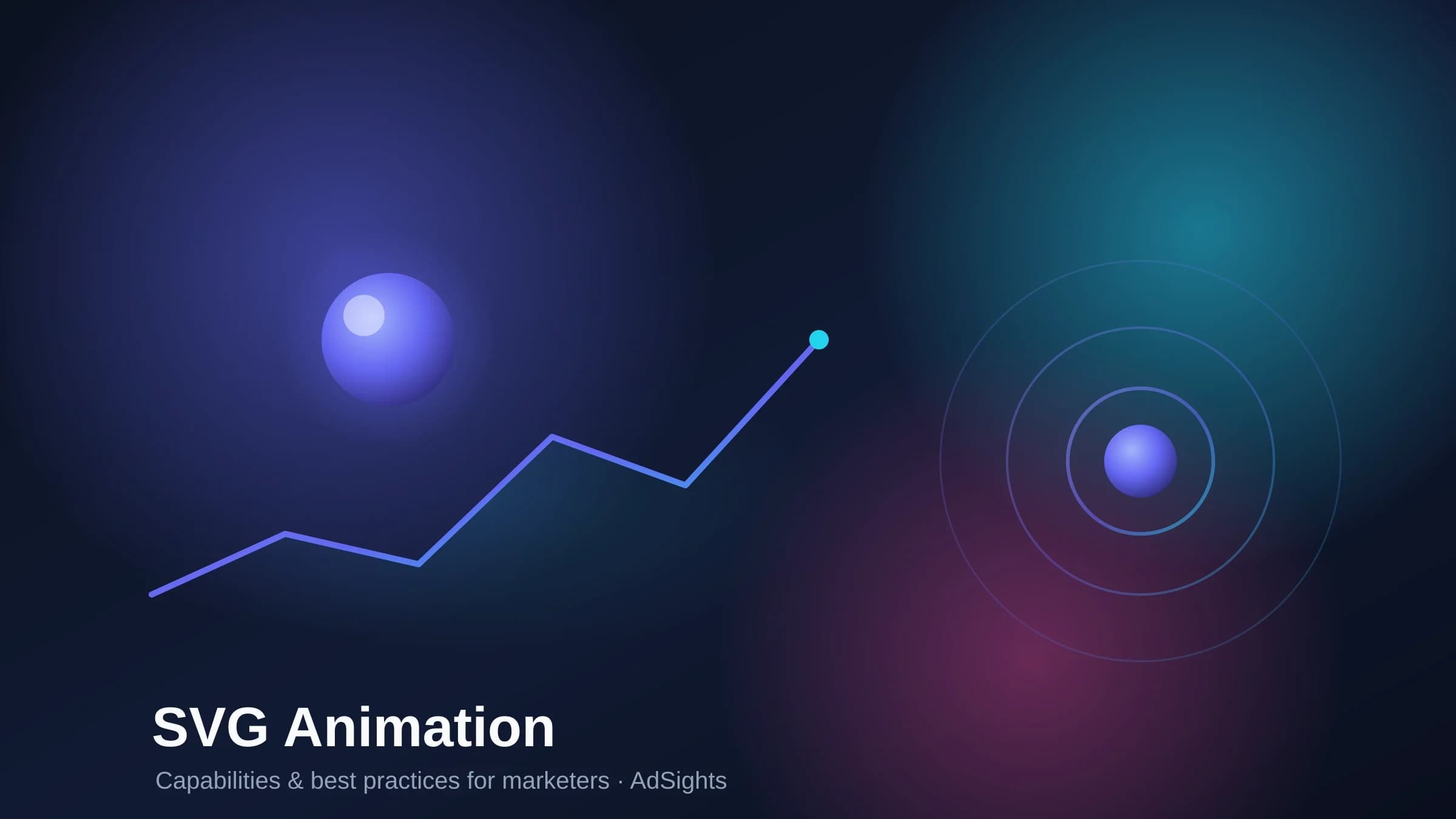 Abstract animated-SVG motifs — a glowing orb, concentric pulse rings, and a draw-on line chart on a deep navy gradient, captioned SVG Animation.